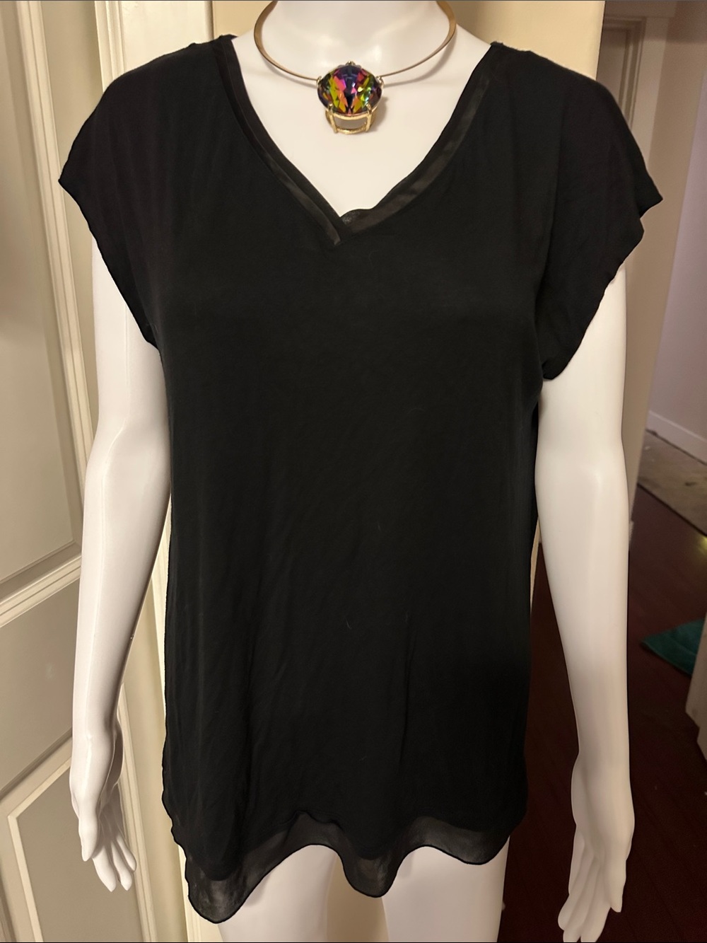 Marled Reunited Clothing Black Mixed Media V-Neck Cap Sleeve Top Blouse L EUC